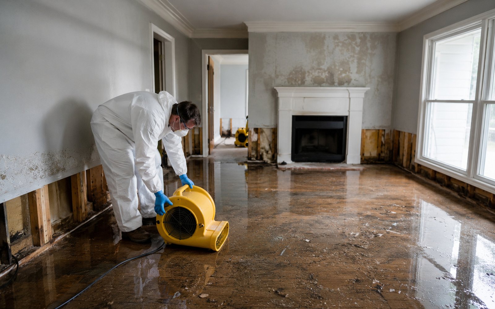 Restoration technician placing an air mover in a flooded living room with the drywall cut back